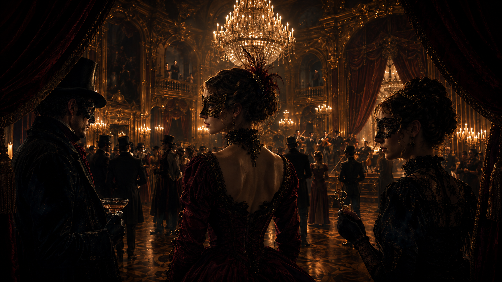 Vespertine cast in full masquerade costume on the Aurelia Theatre stage